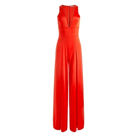 NWT!! Alice + Olivia Myrtle Deep V-Neck Wide Leg Jumpsuit  Chili Pepper Red - 8 - Picture 2 of 15